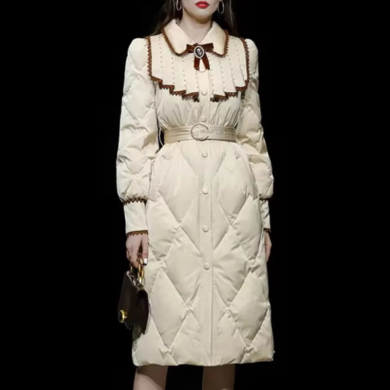 The Grand Trianon Gown Coat | Parisian Longline Bow-Waist Puffer | Elegant Doll Collar Lace-Up Down Jacket | Parisian Princess