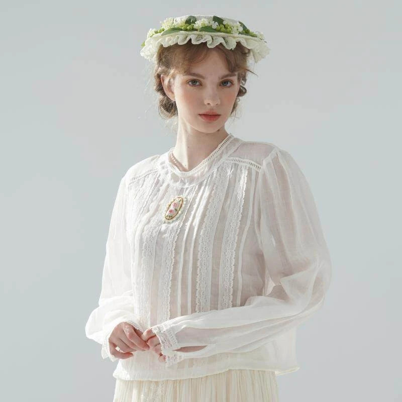 The Palais Rose Ramie Blouse | 100% Ramie Thin White Blouse | French Vintage Handmade 3D Rose Embroidered O-Neck Loose Top | Parisian Princess