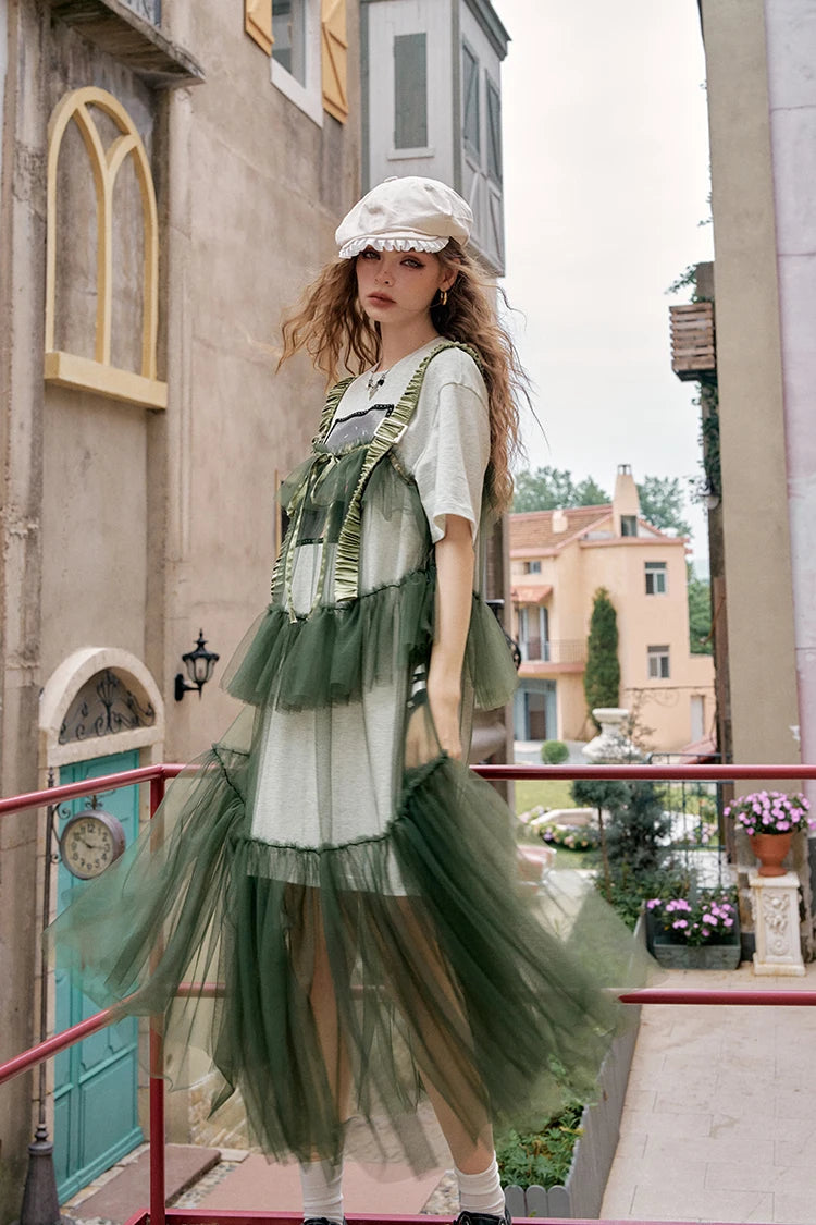 The Toulouse Cotton Lace Dress Set | Sweet Cool Printed T-Shirt & Spliced Maxi | Two-Piece Mesh Dress | Parisian Princess