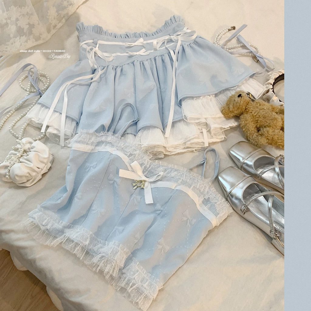 The Odette Ballet Bow Tie Set | Lace-Up High Waist Skirt & Strappy Top | Parisian Coquette Outfit