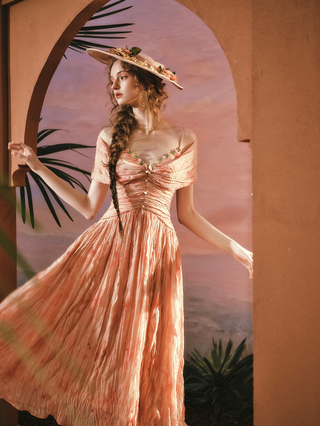 The Caprician Sunset Oil Painting Gown | Coral Shimmer Fairy Skirt | 3/4 Sleeve A-Line Dress | Parisian Princess