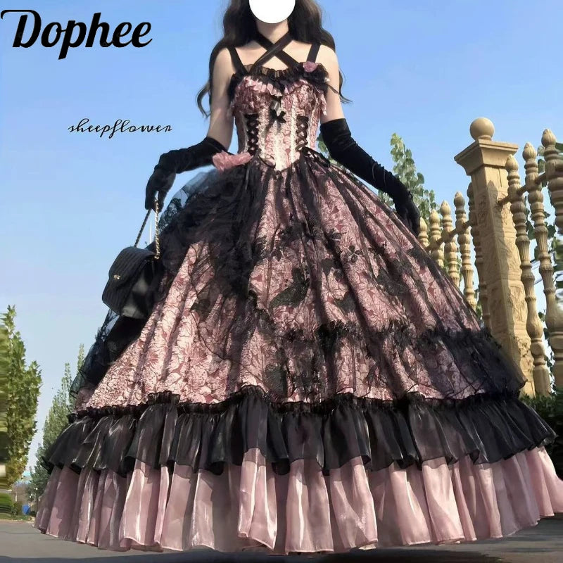 Dophee Original Lolita Flower Wedding Dress Set Gothica Black Pink JSK Dress Elegant Ruffles Mesh Spring Summer OP Dress