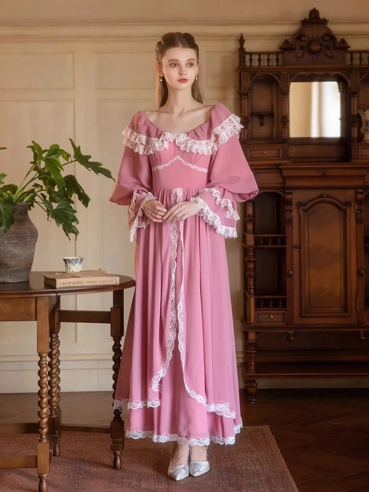 Parisian Maxi Dresses For Women Vintage Elegant Slim Sexy Lace V-Neck Long Lantern Sleeve Princess Dresses