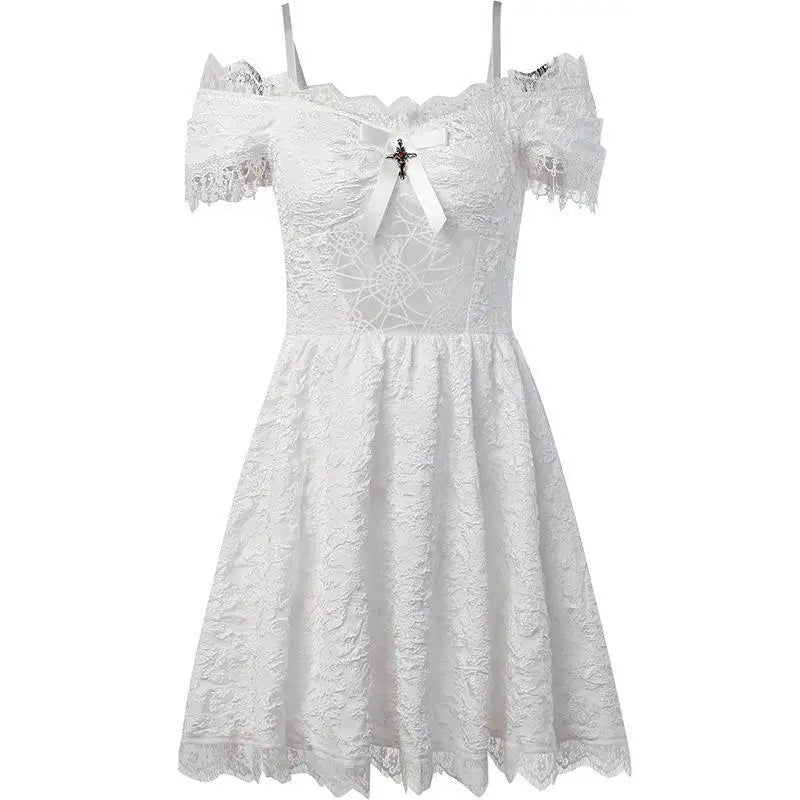 Gothica Lace Short Dress Women Cobweb Patchwork Short Sleeve Cold Shoulder Halloween Outfit Horror Ruffle Trim Costume