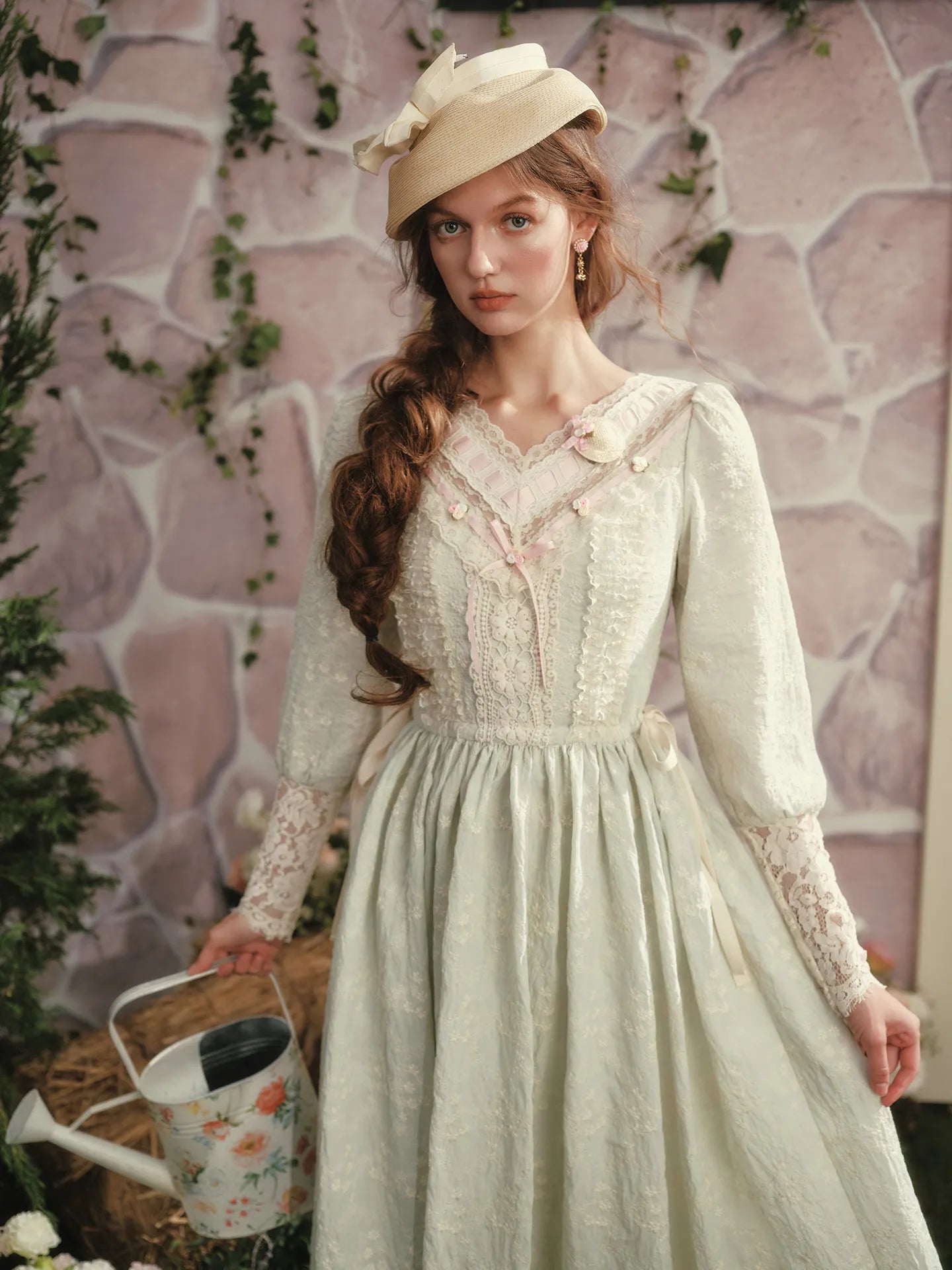 The Giverny Embroidery Gown | French Countryside V-Neck Maxi | Vintage Lantern Sleeve Lace Patchwork Dress | Parisian Princess