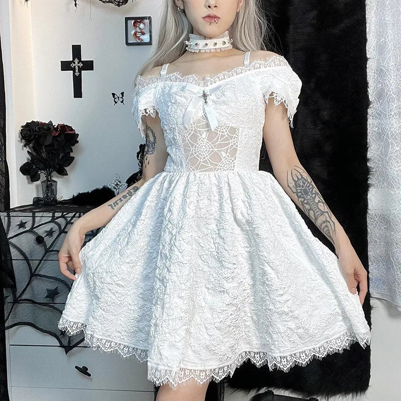 Gothica Lace Short Dress Women Cobweb Patchwork Short Sleeve Cold Shoulder Halloween Outfit Horror Ruffle Trim Costume