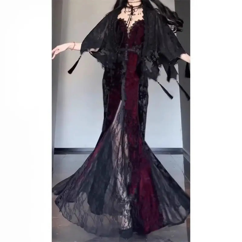 The Vivienne Noir Manteau | Gothic Grunge Lace Mini | Dark Academia Slash Neck Party Dress | French Festival Prom Gown