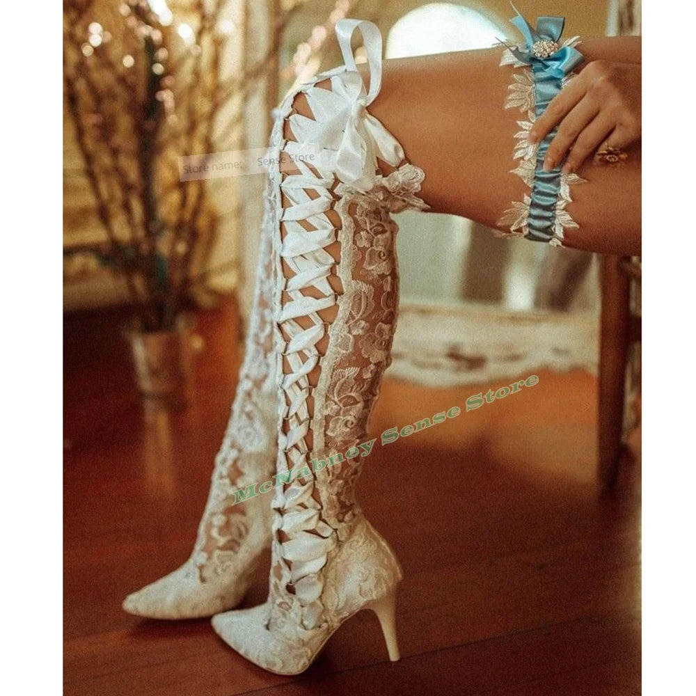 Le Queen Lace Lace-Up Mesh Stiletto | Hollow Pointed Toe Knee-High Boot | Summer Party Heels | Parisian Princess