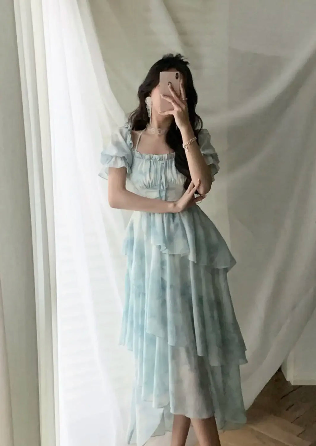The Giverny Chiffon Gown | French Floral Empire Dress | Square Collar Fold-Detail Midi | Parisian Princess