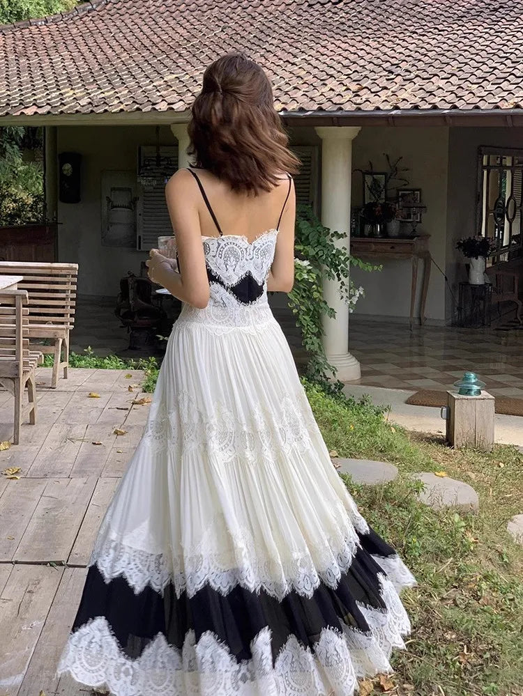 The Midnight Shore Gown | Gothica Summer Holiday Suspenders Dress | Backless Lace Patchwork Vacation Sling | Parisian Princess