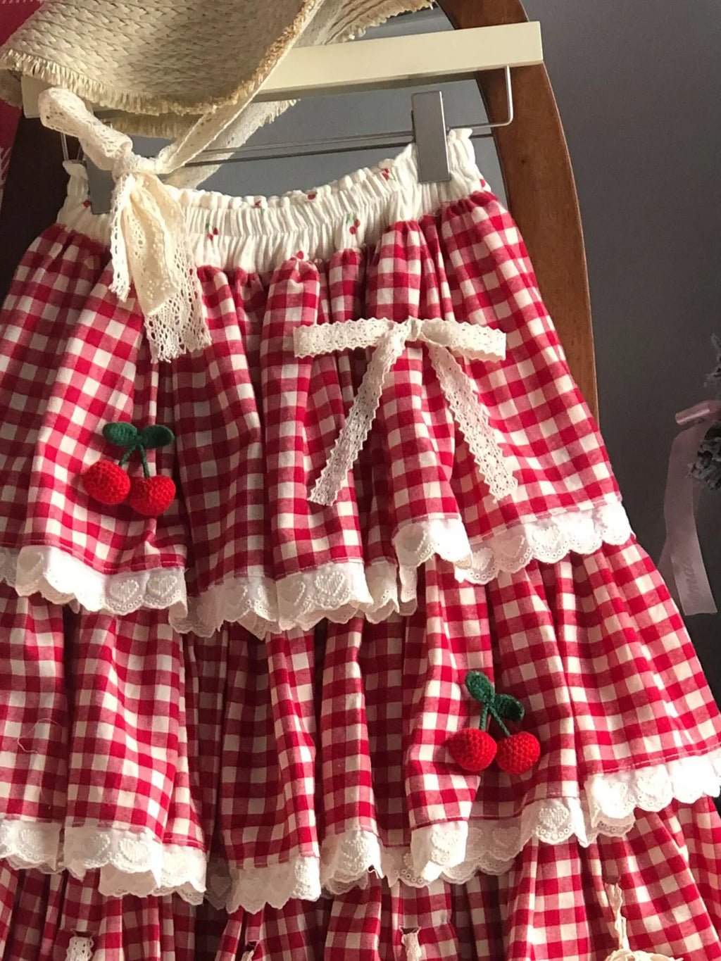 Sweet Multi-Layered Ruffle Cake Skirt Women's Parisian Cottagecore Cherry Design Lace Half Skirt Fresh And Cute Style Midi Skirt