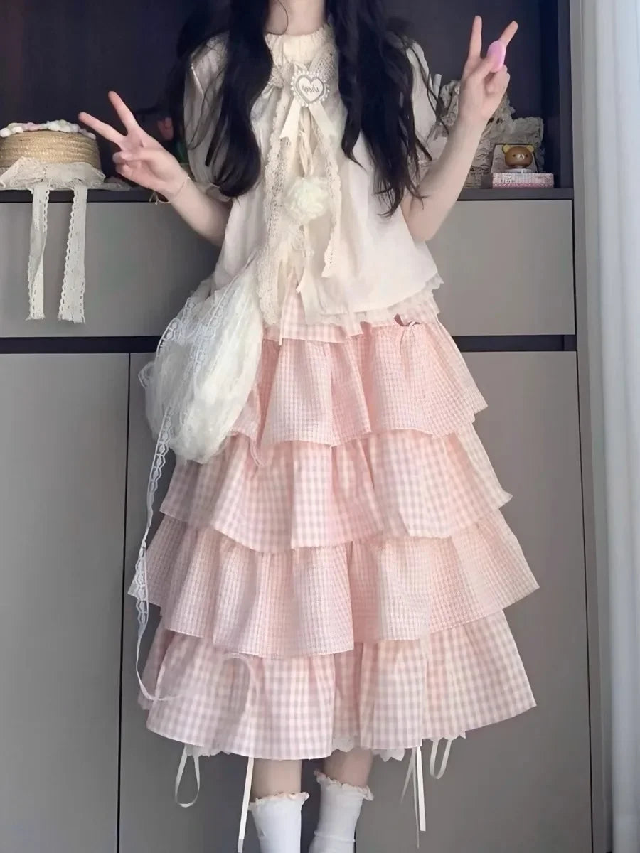 Cute Sweet Sister Classic Parisian Outfit Women's Plaid Ribbon Tied Shirt And Knee-Length Cake Skirt Two-Piece Set