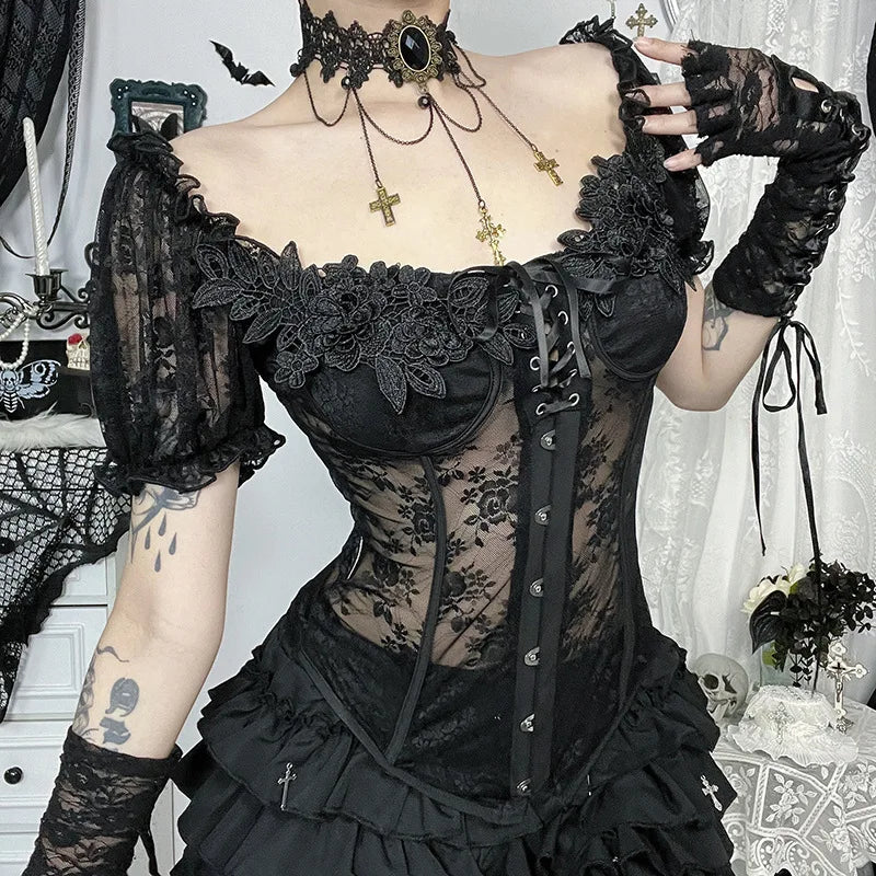 2025 New Vintage Gothic Style Corset Floral Lace Waist Tops Summer Blouses Femme Y2k Retro Black Sexy Vest Chest Pad Lace Shirt