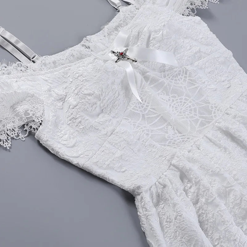 Gothica Lace Short Dress Women Cobweb Patchwork Short Sleeve Cold Shoulder Halloween Outfit Horror Ruffle Trim Costume