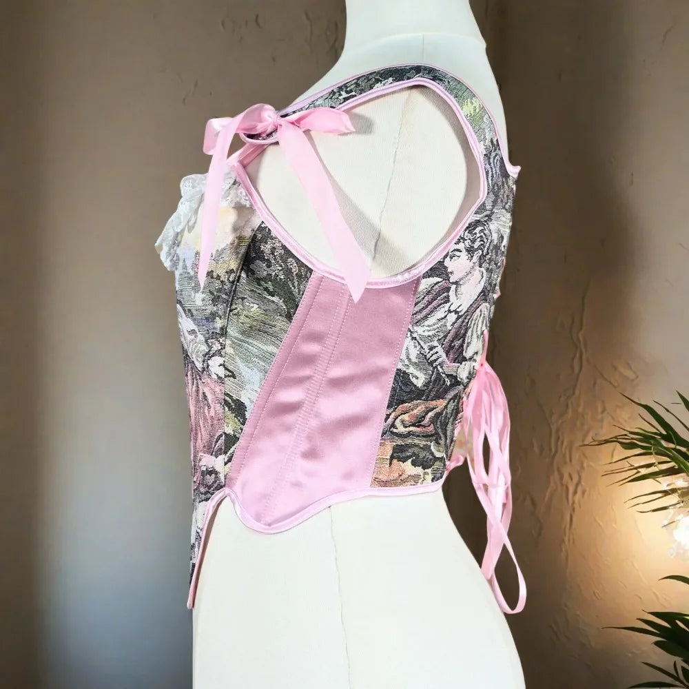 The Versailles Duchess Lace-Up Pink Bustier | French Lolita Overbust Corset | Vintage Bodice Crop Top | Parisian Princess