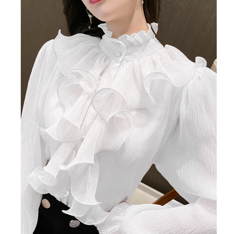 The Versailles Ruffled Chiffon Blouse | Stand Collar Lace Puff Sleeve | French Vintage Shirt | Parisian Princess