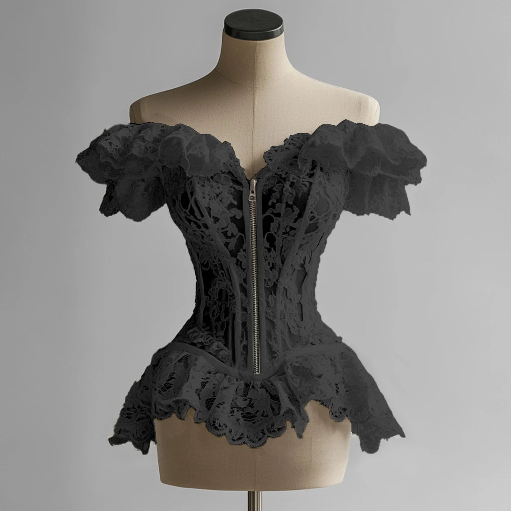 French Corset Blouse Lace Ruffle Off Shoulder Zip Up Tube Tops Bustier Overbust Women Waist Slimming Strapless Tube Top