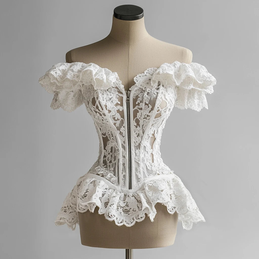 French Corset Blouse Lace Ruffle Off Shoulder Zip Up Tube Tops Bustier Overbust Women Waist Slimming Strapless Tube Top
