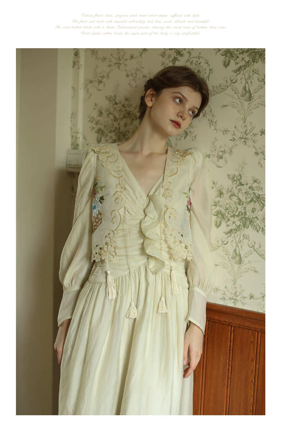 The Antoinette Tassel Embroidery Vest | French Antique Floral Cotton Gilet | Open-Stitch V-Neck | Parisian Princess