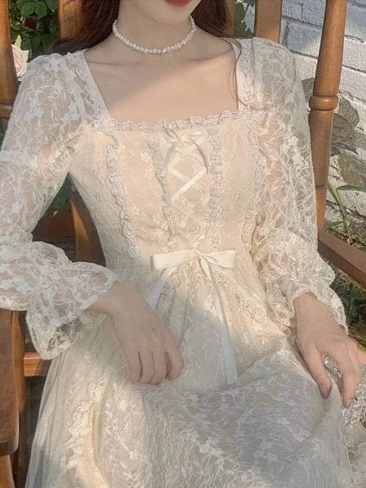 French Vintage Dress Women Summer Long Sleeve Elegant Party Midi Dress Female Casual Retro One Piece Dress Casual