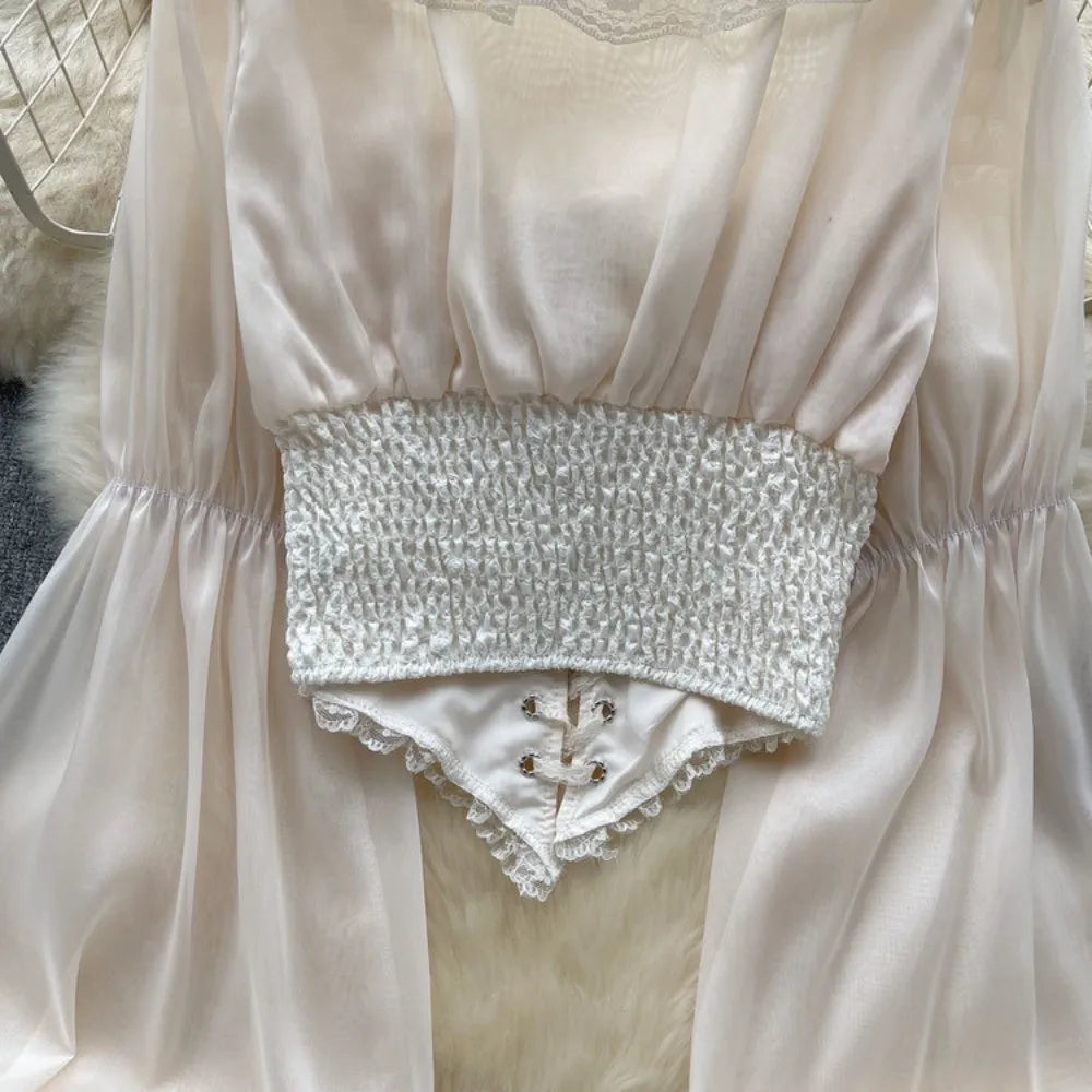 The Élodie Chiffon Manteau | Parisian Ruffled Lace Blouse | Retro Mesh Lantern Sleeve Top | French Riviera Vacation Blouse
