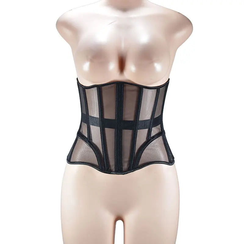 Women Abdomen Tight Corset Crops Under Bust Bustiers Breathable Mesh Waist Girdle With Bones Slimming Lace Up Bodices