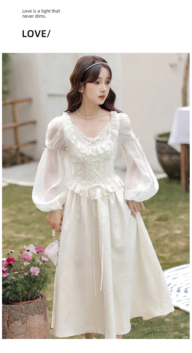 French Fairy Lantern Sleeve Midi Dress for Women Summer Elegant Retro Slim Sweet Party One Piece Dress Korean Casual Clothes