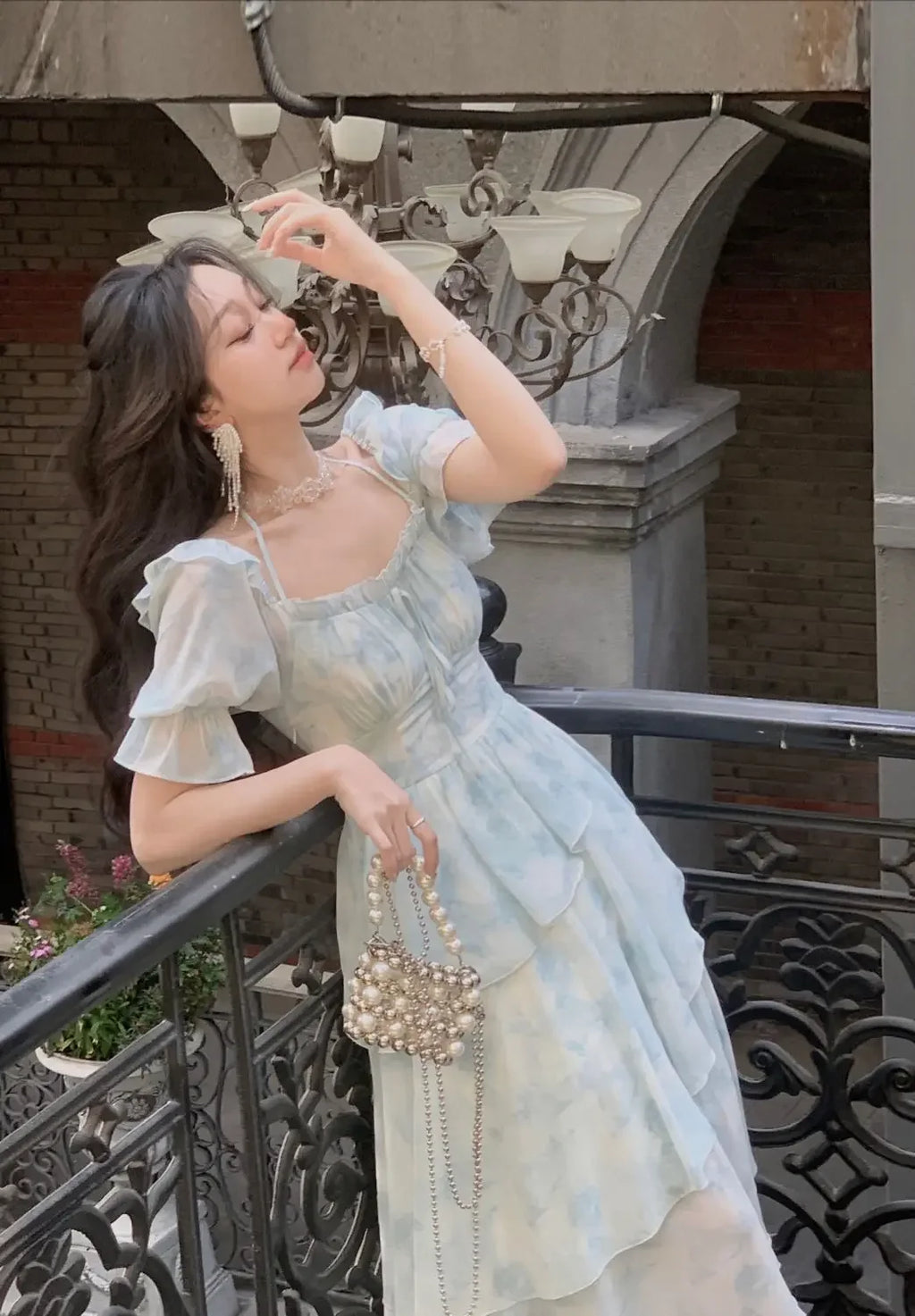 The Giverny Chiffon Gown | French Floral Empire Dress | Square Collar Fold-Detail Midi | Parisian Princess