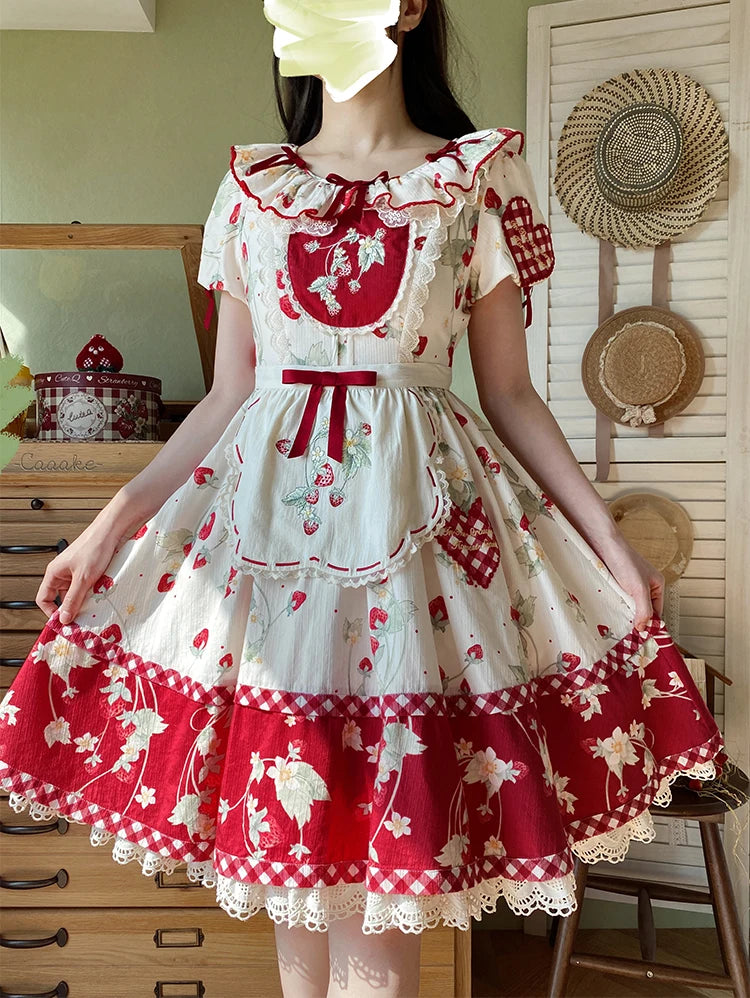 Parisian Cottagecore Original Strawberry Embroidery Cute Apron Soft Girl Sweet Lolita Dress Versatile Apron Women's Y2k Accessories