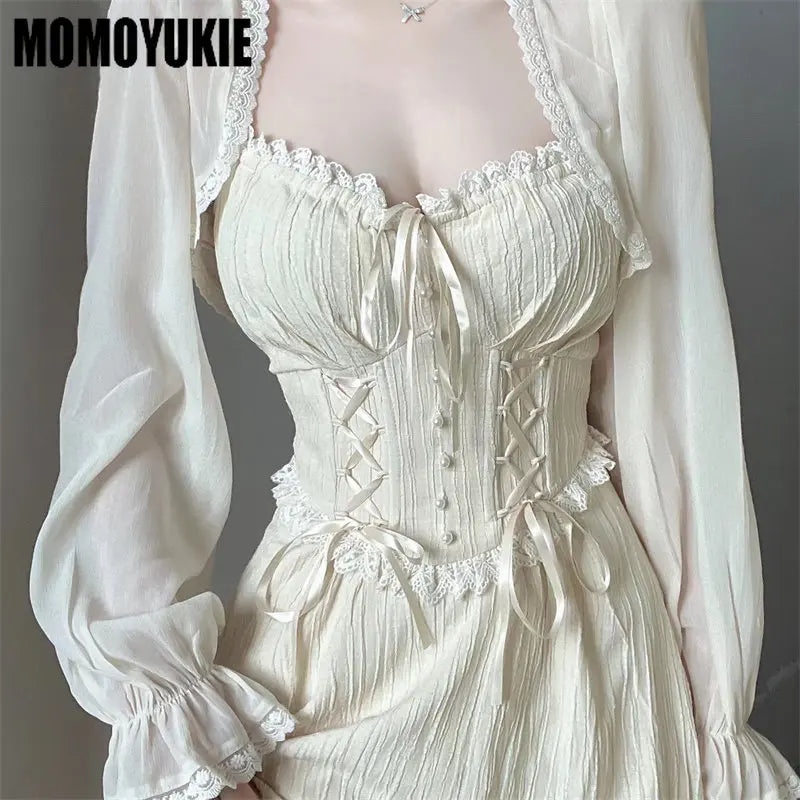 Women Office Casual Ruffle Dress Hollow Out Sleeve One Piece Dress Korean Summer New Fairy French Elegant Solid Mini Dress Party