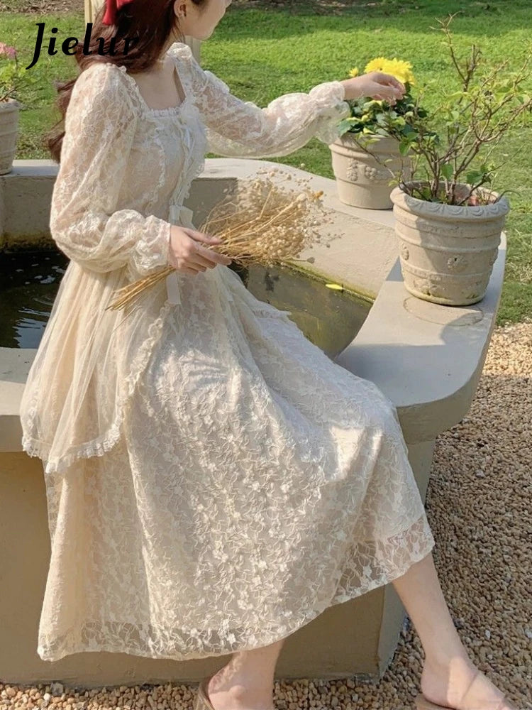 French Vintage Dress Women Summer Long Sleeve Elegant Party Midi Dress Female Casual Retro One Piece Dress Casual