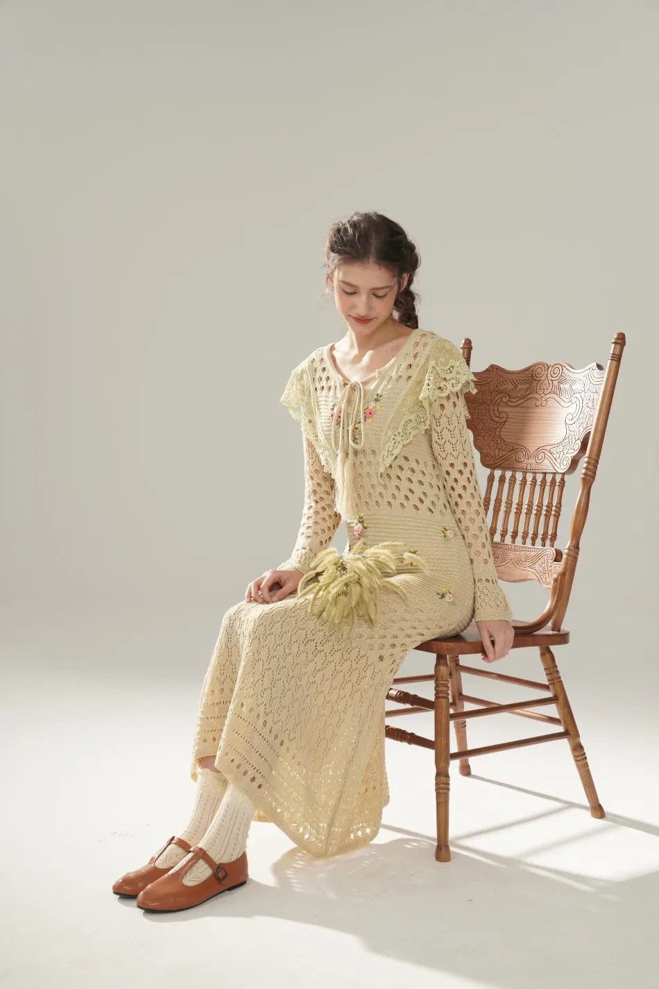 The Versailles Rose Knitted Fishtail | Hand-Embroidered Silk Blend Dress | French V-Neck Gown | Parisian Princess