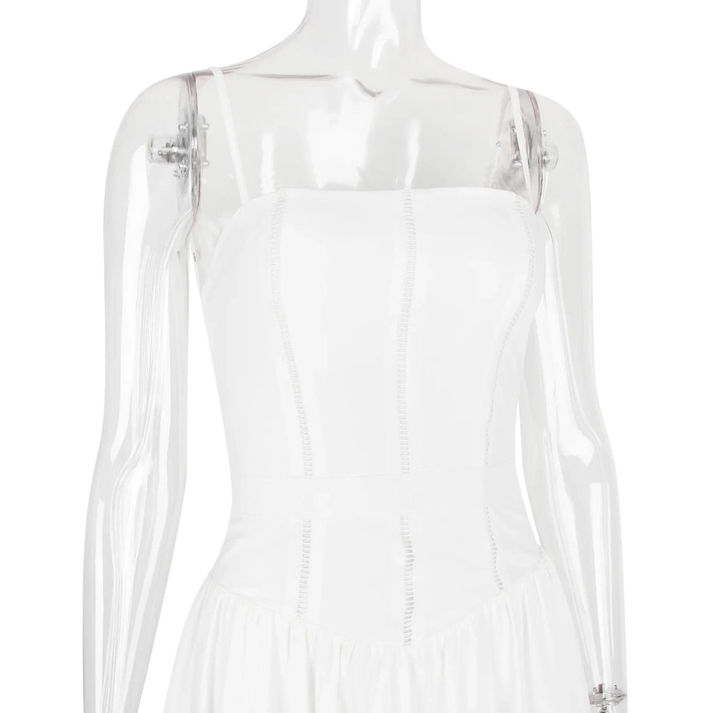 The Saint-Tropez Knotted Gown | French Corset-Detail Spaghetti Strap Mini | Flowy White Summer Beach Dress | Parisian Princess