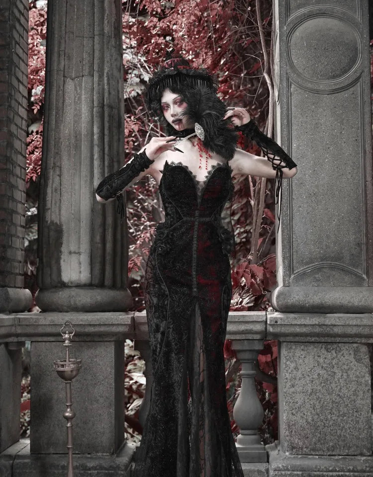 Gothica Original Design Vampire Black Red Dress Lace Patch Gothic Velvet Trumpet Sleeveless Sexy X-Long Dress Halloween