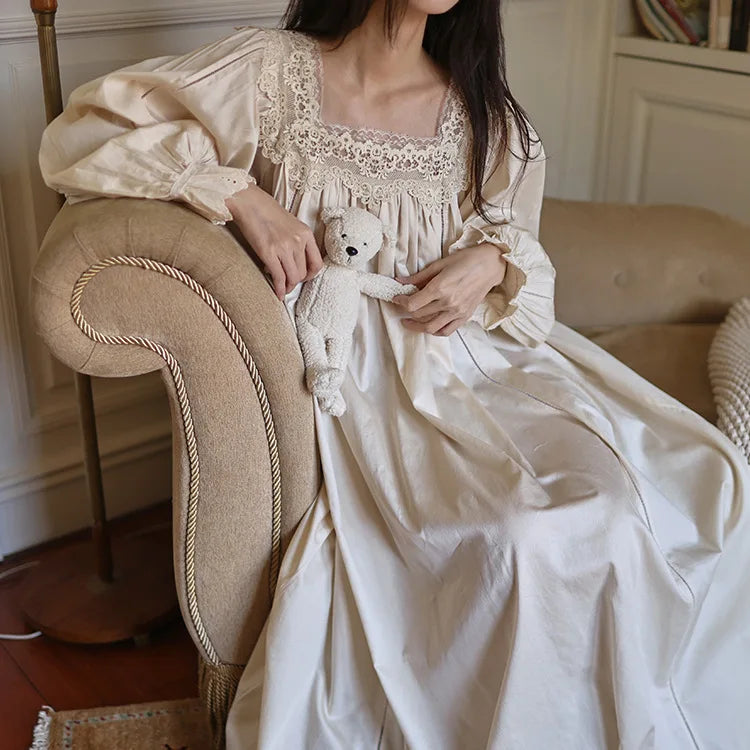 Parisian classical retro nightgown fairy princess style sweet lace square neck nightgown for girls long style women 100% cotton