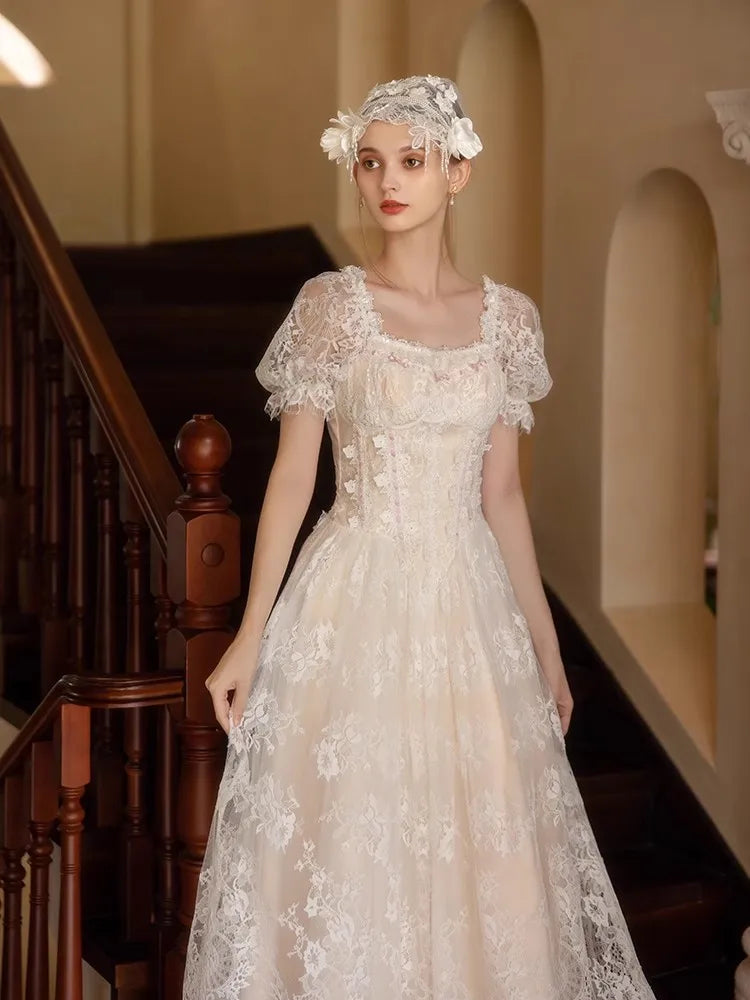 The Fresh Air Fairy Maxi | Summer Vintage Embroidered Lace Gown | Square Collar Empire Waist Puff Sleeve Gown | Parisian Princess