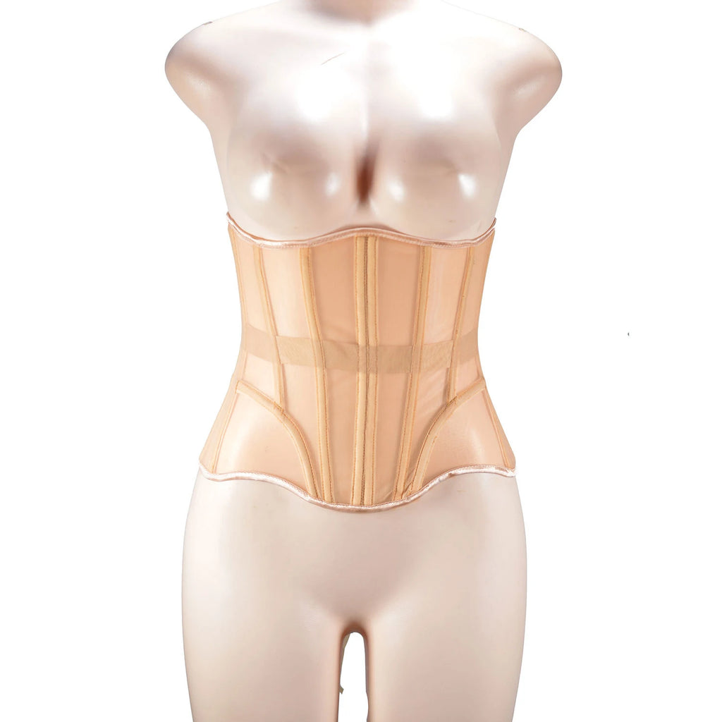 Women Abdomen Tight Corset Crops Under Bust Bustiers Breathable Mesh Waist Girdle With Bones Slimming Lace Up Bodices