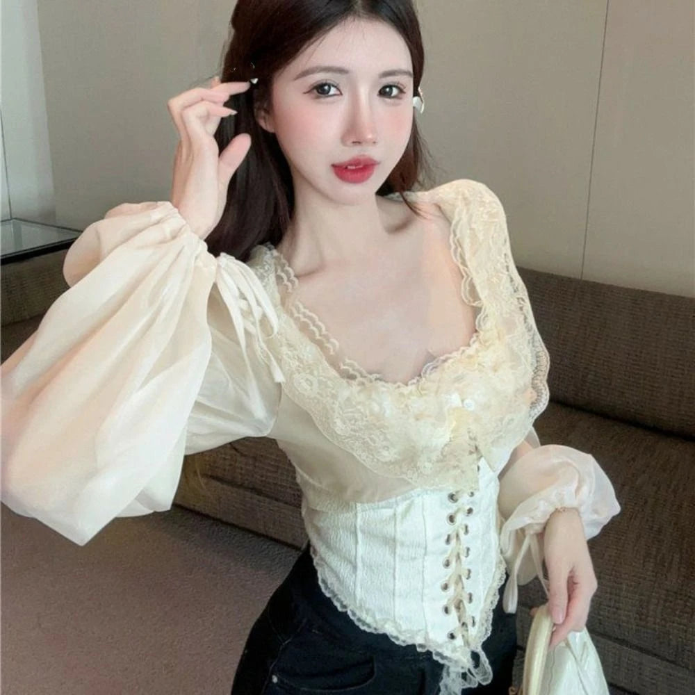 The Trianon Mesh Flounce Blouse | Lace-Up Puff Sleeve Top | Vintage V-Hem Corset Shirt | Parisian Princess
