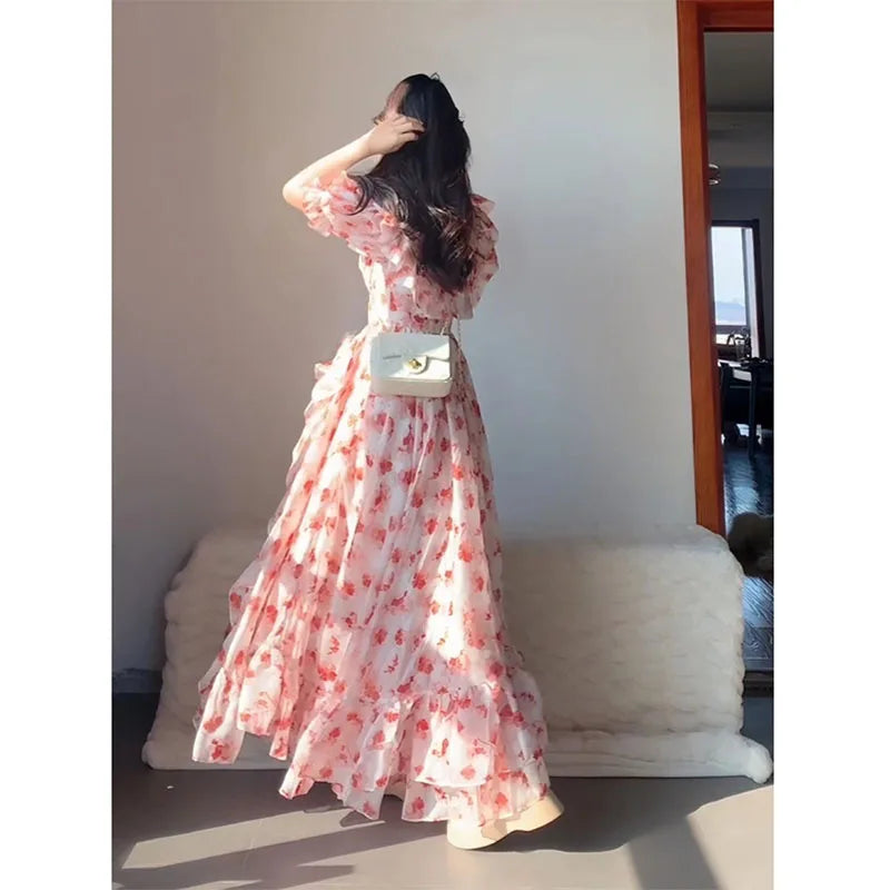 Parisian French Pink Floral Off-shoulder Dress Atmosphere Sense Vacation Style Tea Break Long Skirt Princess Dress