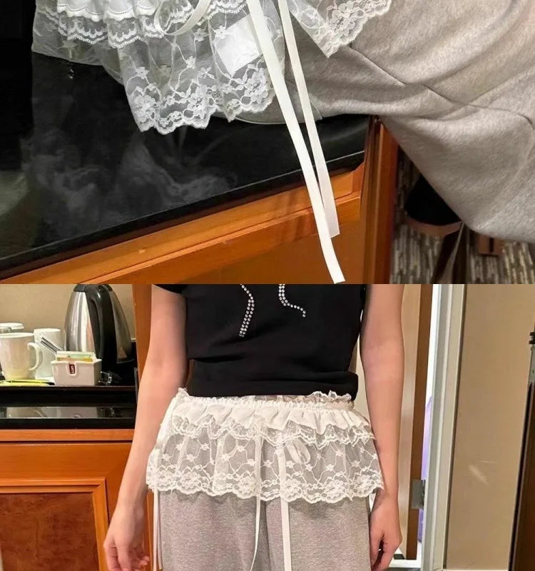 Lace-up Lace Side Half-body Skirt Short Sash Curtain Apron Girls Sweet Jeans Casual Pants Accessories Skirt