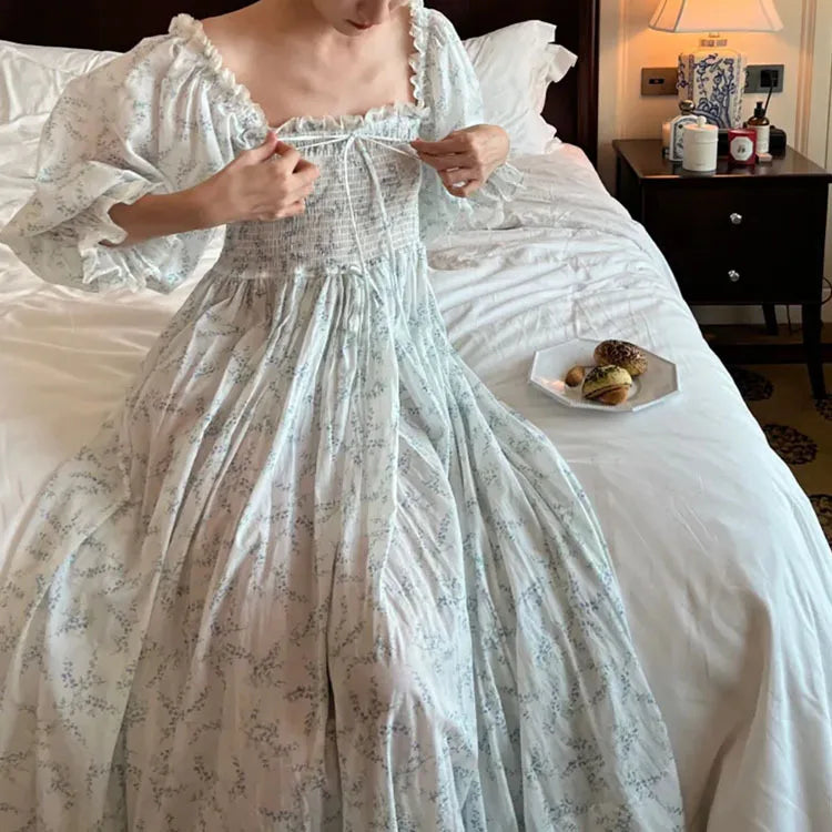 100% Cotton French Fairy Printed Nightgown French Retro Girl Sweet Home Outfit Long Nightdress Women