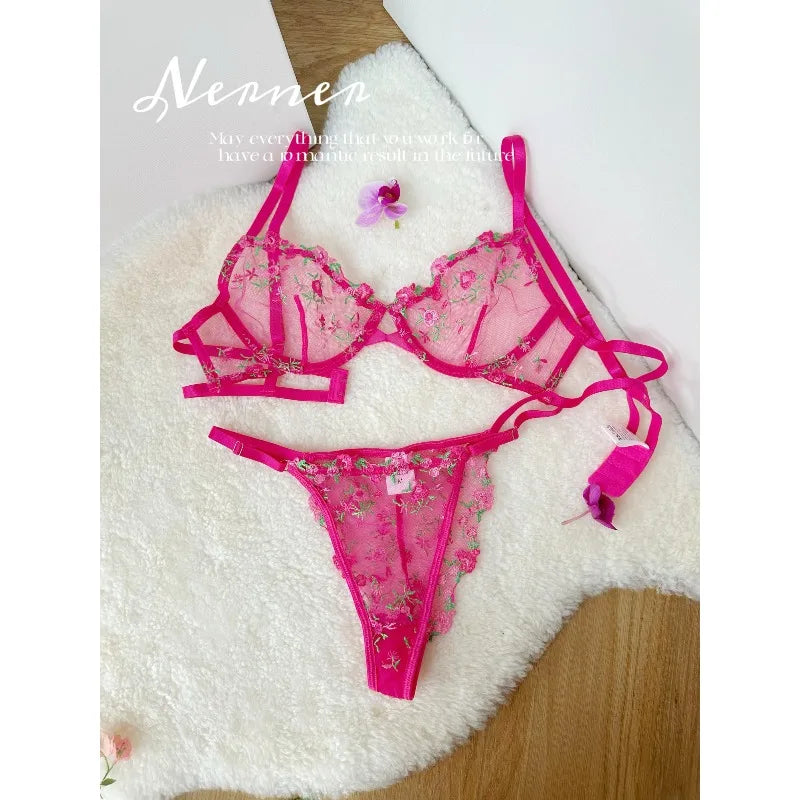 Parisian French Lingerie Set Sheer Tulle, Pink Floral Embroidery Bra Bralette, Sexy Pure Matching Set BANERDANNI Sexy Tushy Bras