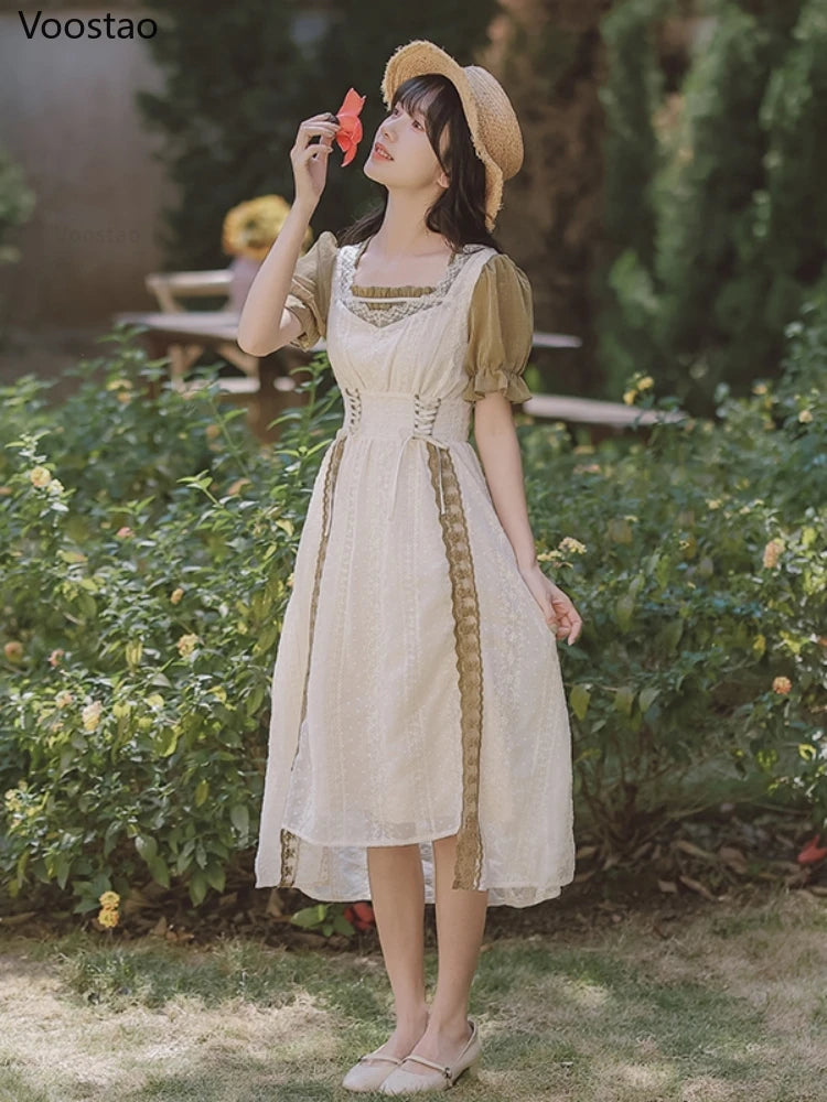 Vintage Chic Parisian Cottagecore Girl Style Dress French Women Elegant Flare Sleeve Bandage Fake Two Pieces Dresses Female Sweet Party Vestidos