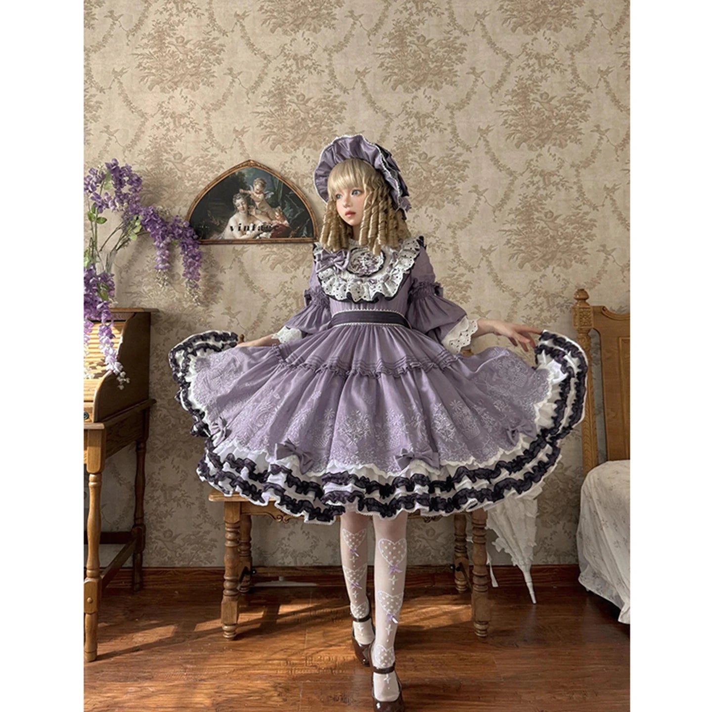 The Versailles Violet Bow Dress | Purple Long Sleeve Lolita OP | French Elegant High Waist Maxi | Parisian Princess