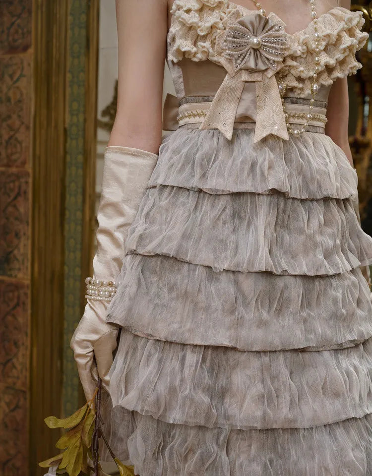 The Gothica Russian Princess Cake Dress | High-Waist Lace-Strap Luxury Slip | Sweet Apricot Layered Jupe | Parisian Princess