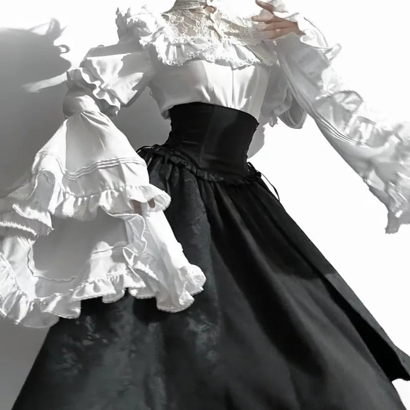 Lolita Style White Blouses Women 2025 Camisas De Mujer Patchwork Lace Flare Sleeve Shirt Y2k Tops Casual Fashion Japanese Blouse