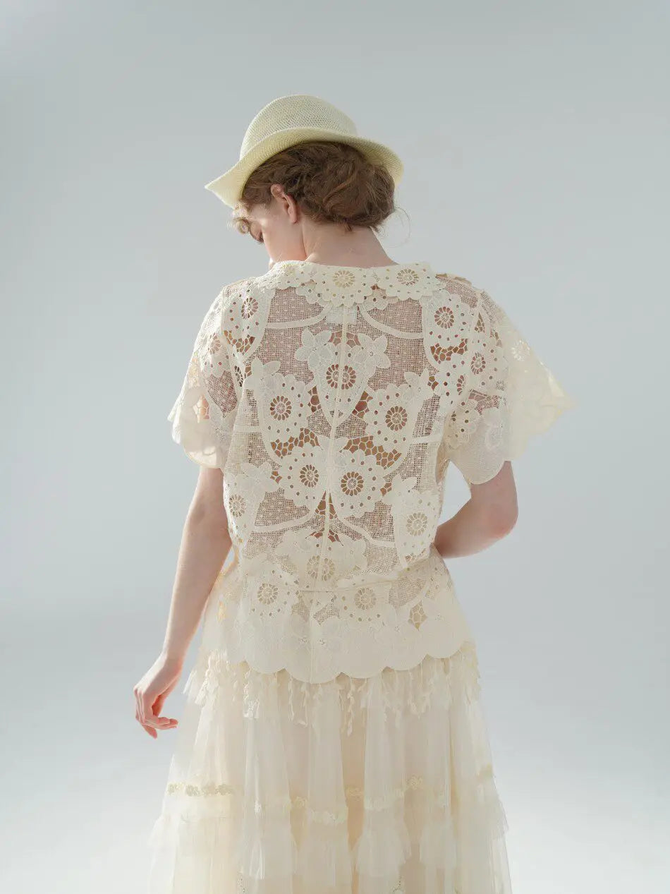 The Palais Cutwork Blouse | Summer Lace Shirt | Handmade 3D Floral All-Over Embroidered Turn-Down Collar Blouse | Parisian Princess