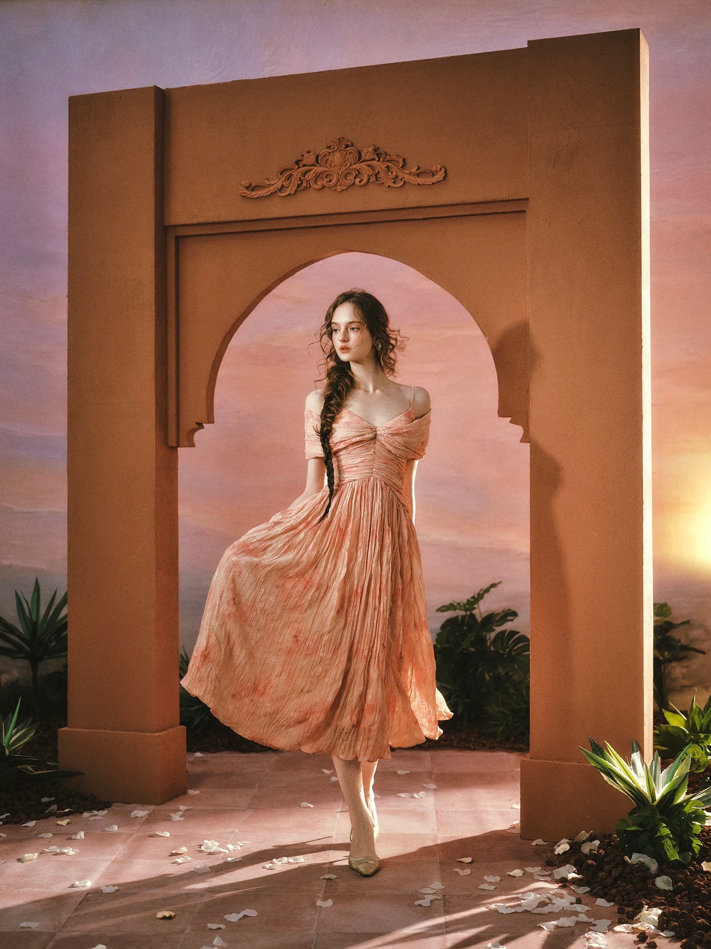 The Caprician Sunset Oil Painting Gown | Coral Shimmer Fairy Skirt | 3/4 Sleeve A-Line Dress | Parisian Princess