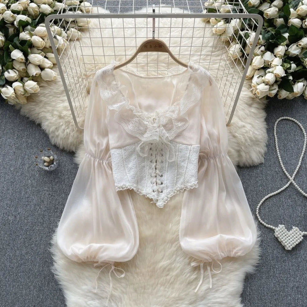 The Vivienne Lace Manteau | Parisian Ruffled Chiffon Blouse | French Mesh Patchwork Top | Lantern Sleeve Coquette Shirt