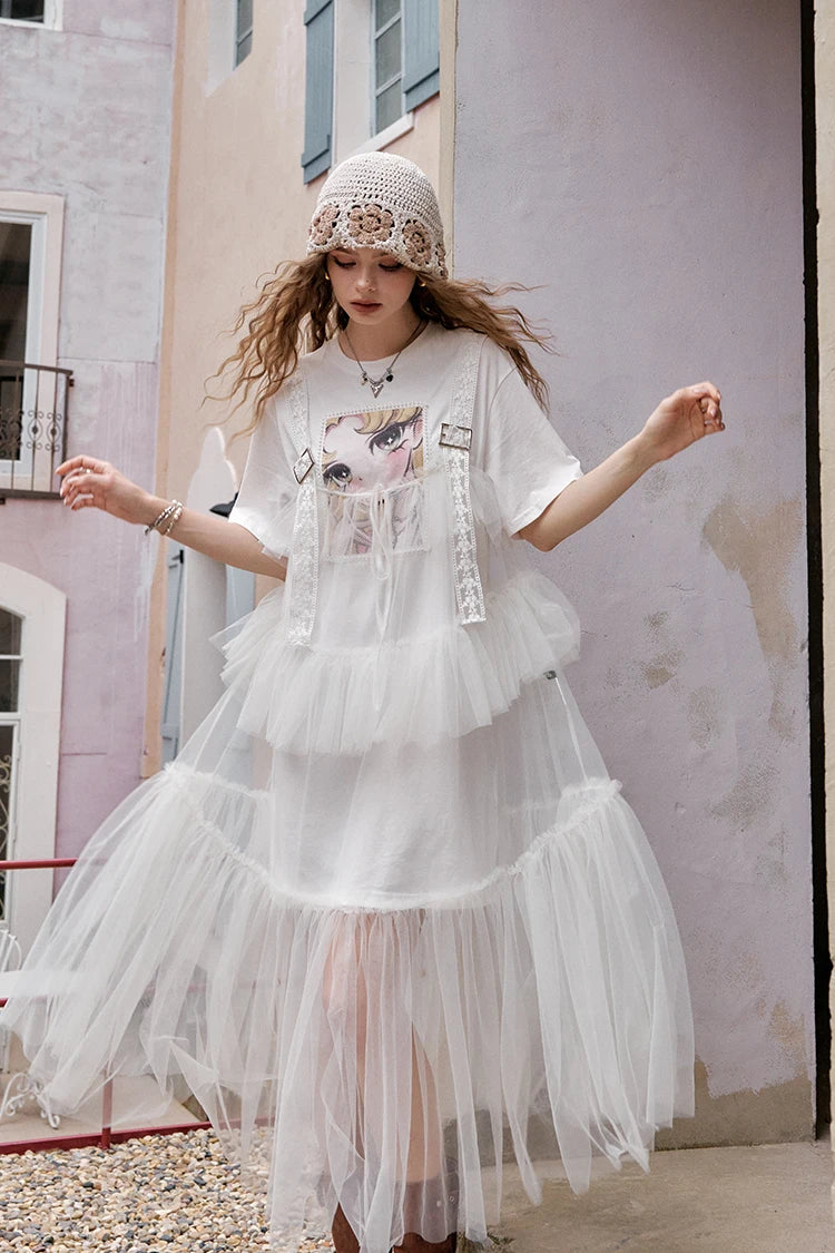 The Toulouse Cotton Lace Dress Set | Sweet Cool Printed T-Shirt & Spliced Maxi | Two-Piece Mesh Dress | Parisian Princess